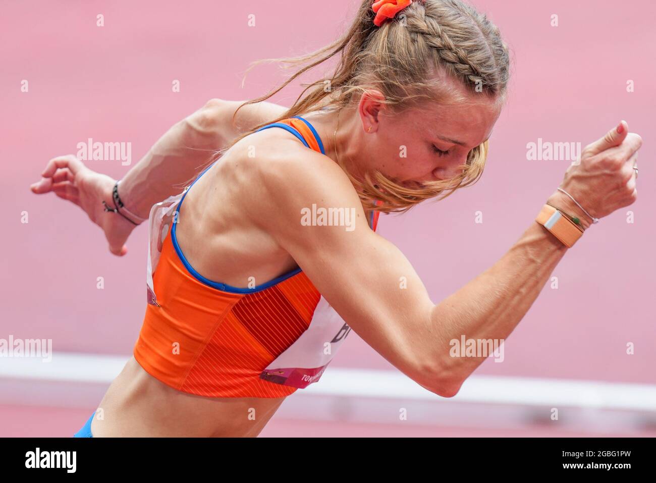 TOKYO, JAPAN - AUGUST 4: Femke Bol of the Netherlands competing on Women's 100m Hurdles during the Tokyo 2020 Olympic Games at the Olympic Stadium on August 4, 2021 in Tokyo, Japan (Photo by Ronald Hoogendoorn/Orange Pictures) NOCNSF ATLETIEKUNIE Stock Photo