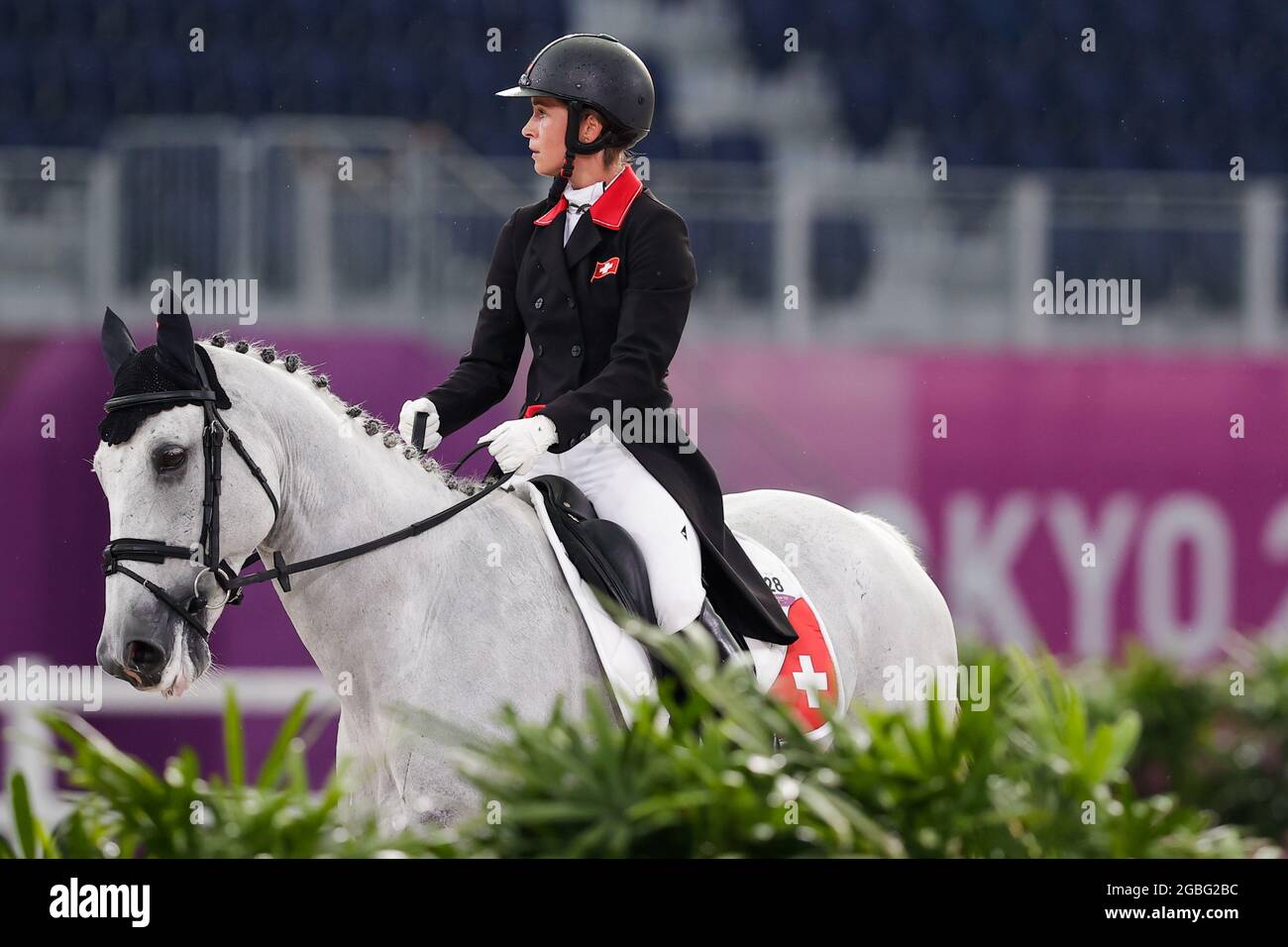 TOKYO, JAPAN - JULY 30: Melody Johner of Switzerland competing on Eventing  Dressage Team and Individual during the Tokyo 2020 Olympic Games at the  Equestrian Park on July 30, 2021 in Tokyo,