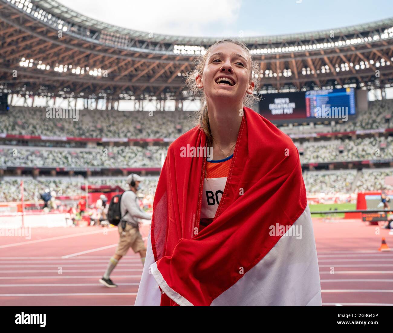 4th August 2021; Olympic Stadium, Tokyo, Japan: Tokyo 2020 Olympic summer games day 12; Femke Bol celebrates her bronze medal performance Stock Photo