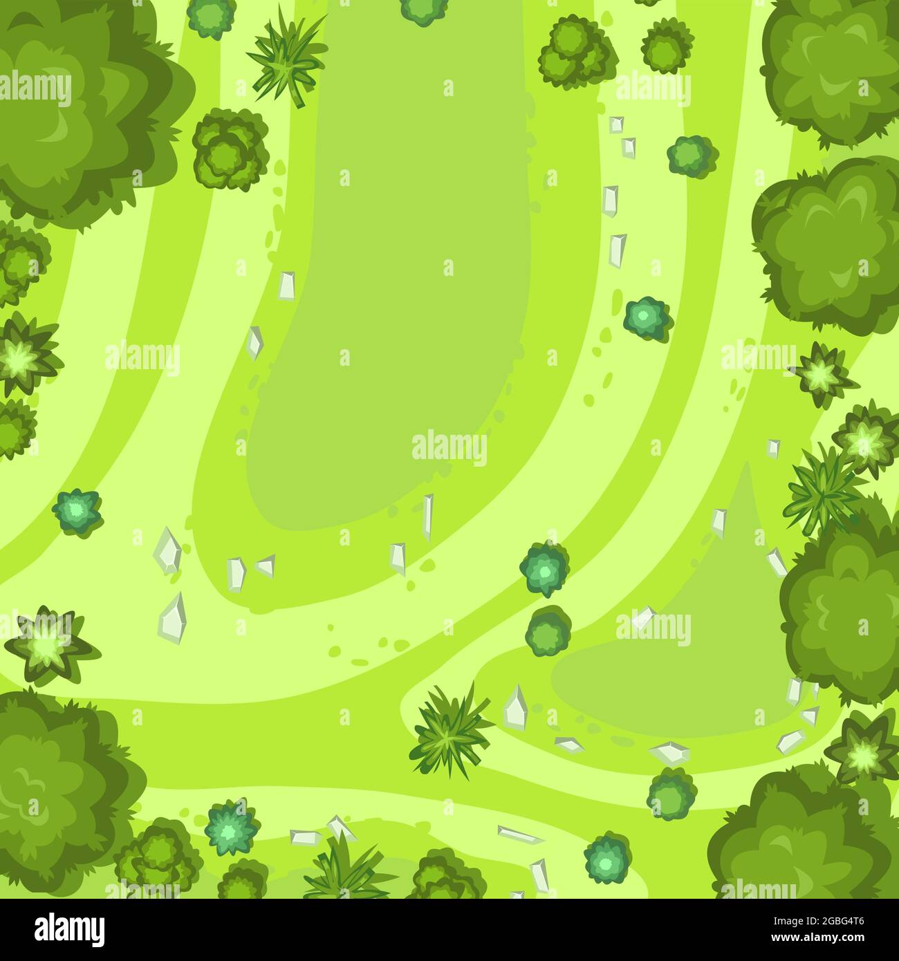 Hilly lawn in the forest. View from above. Countryside rural landscape. Green foliage of trees and shrubs. Top view. Background illustration in Stock Vector