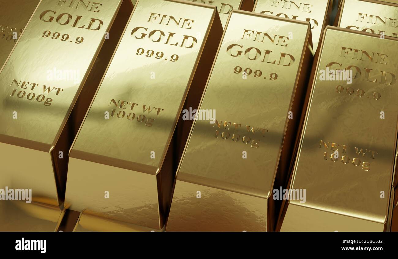 Pile of arranged gold bars of 1000g net weights Stock Photo