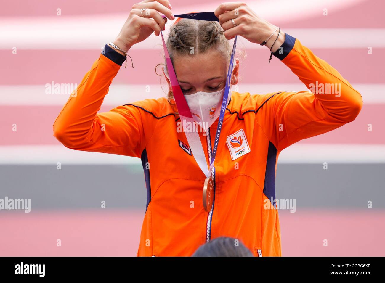 TOKYO, JAPAN - AUGUST 4: Femke Bol of the Netherlands receives her bronze medal during the Medal Ceremony of Athletics during the Tokyo 2020 Olympic Games at the Olympic Stadium on August 4, 2021 in Tokyo, Japan (Photo by Ronald Hoogendoorn/Orange Pictures) Stock Photo