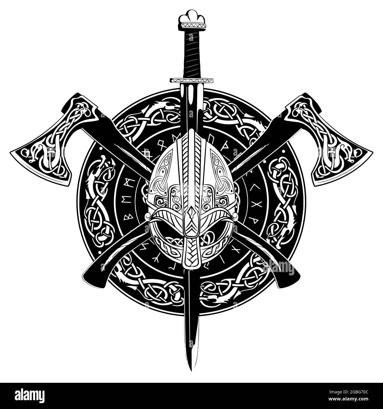 Viking helmet, crossed viking axes and in a wreath of Scandinavian pattern and viking shield Stock Vector