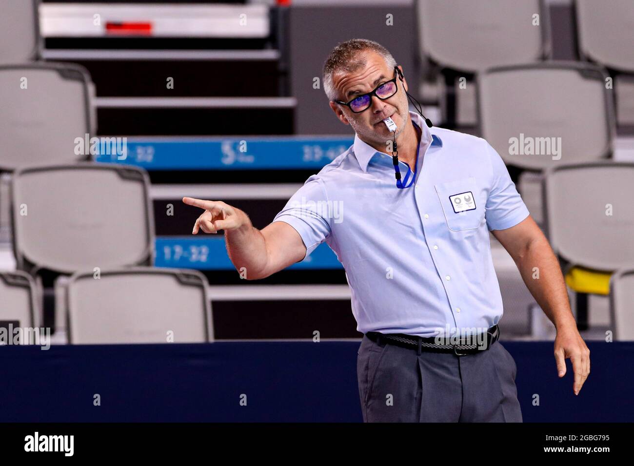 Tokyo Japan August 4 Referee Gyorgy Kun Hun During The Tokyo Olympic Waterpolo Tournament Men Quarterfinal Match Between Team United States And Team Spain At Tatsumi Waterpolo Centre On August