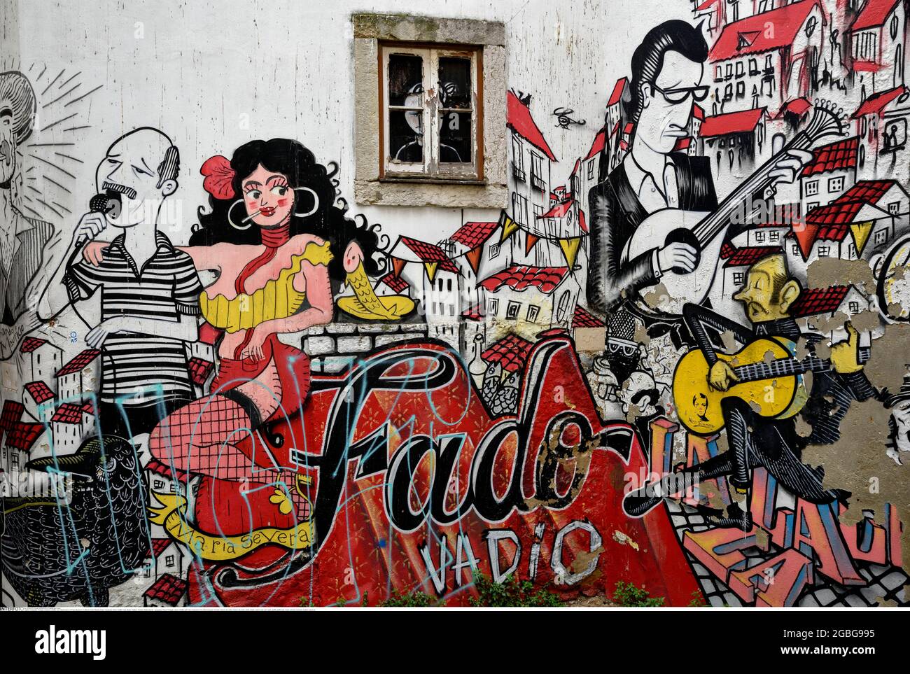 geography / travel, Portugal, Lisbon, Graffito with Fado musicians in the Alfama Quarter, ADDITIONAL-RIGHTS-CLEARANCE-INFO-NOT-AVAILABLE Stock Photo