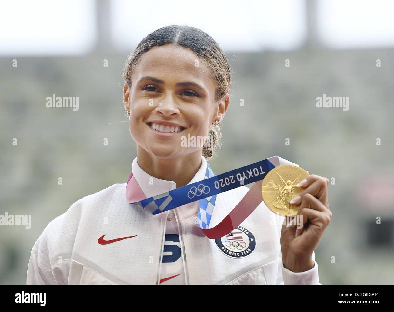 Sydney McLaughlin of the United States poses with her gold medal in the