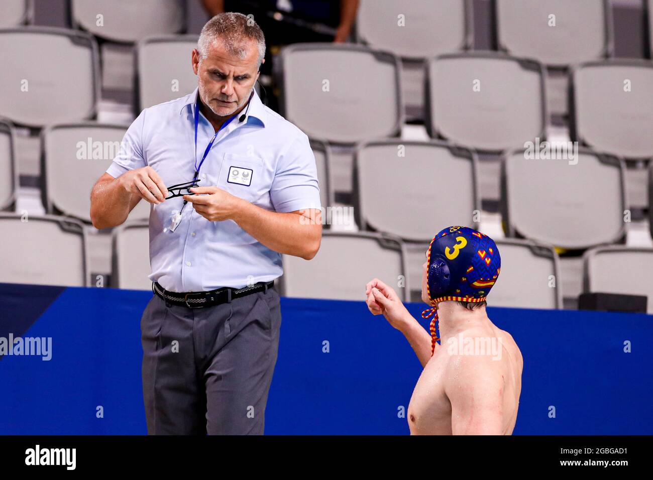 Tokyo Japan August 4 Referee Gyorgy Kun Hun Alvaro Granados Of Spain During The Tokyo Olympic Waterpolo Tournament Men Quarterfinal Match Between Team United States And Team Spain At Tatsumi Tokyo Japan August 4 Referee Gyorgy Kun Hun Alvaro Granados Of Spain During The Tokyo Olympic Waterpolo Tournament Men Quarterfinal Match Between Team United States And Team Spain At Tatsumi