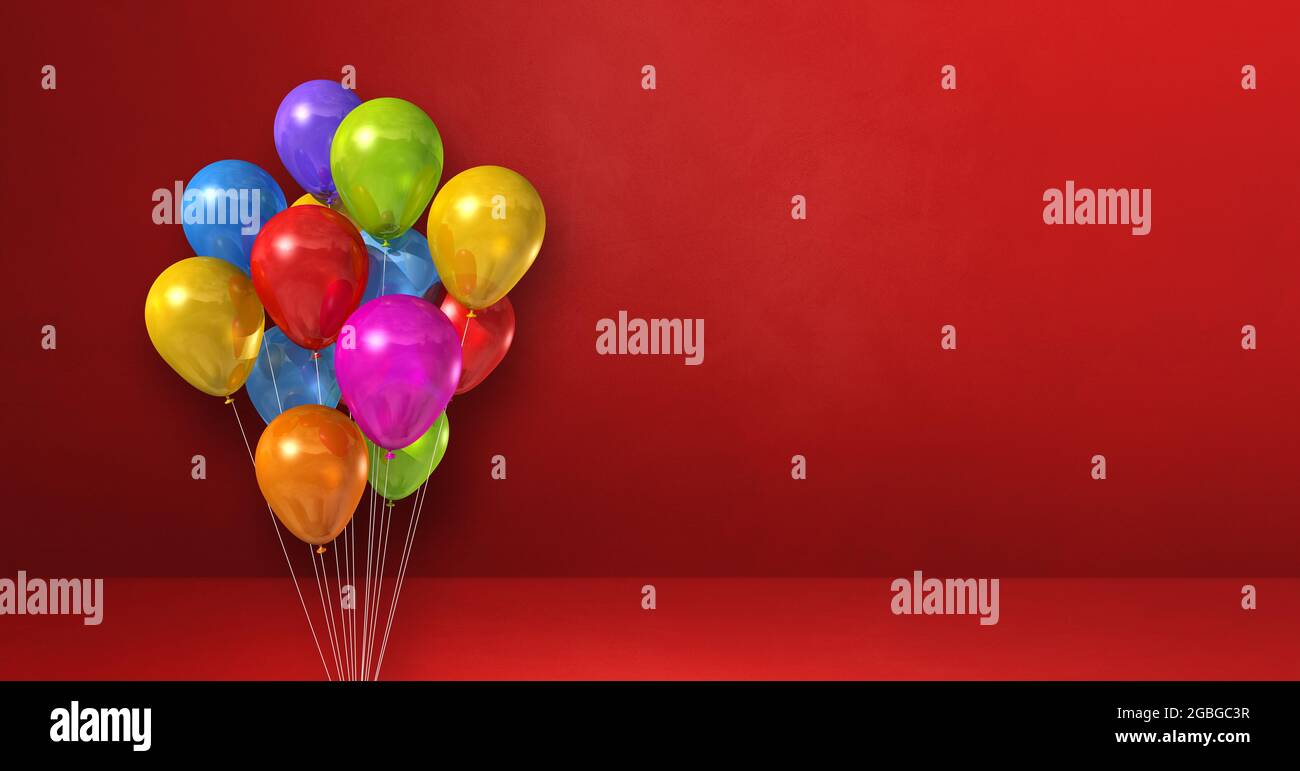Colorful balloons bunch on a red wall background. Horizontal banner. 3D ...