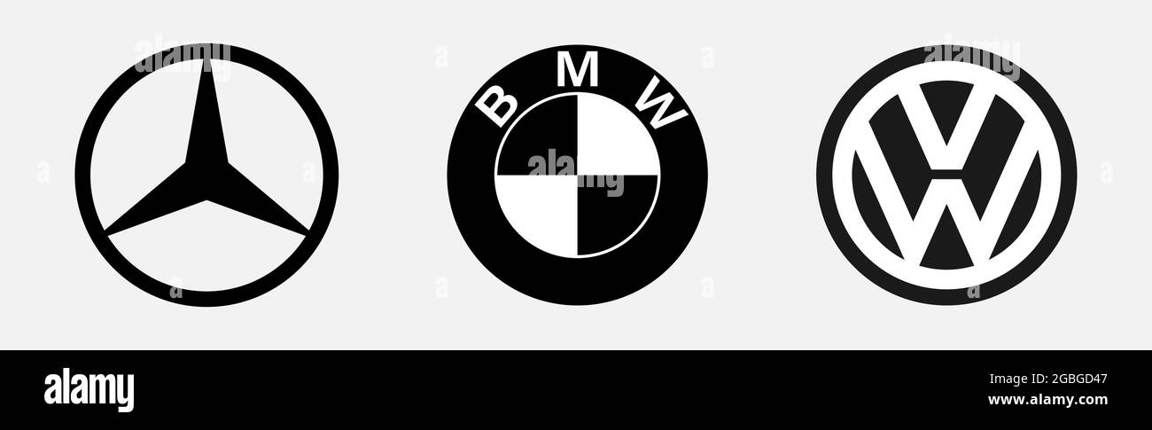 Germany, Berlin-08/04/2021: A set of logos of German cars. Black logo on a white background. The leaders of the German automotive industry are Mercede Stock Vector
