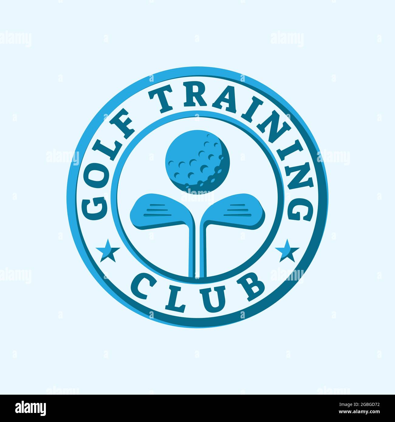 Golf Training Club Stamp Seal Emblem Logo with Stars, ball and stick shape design element.  Vector design template. Blue, cyan color identity. Stock Vector