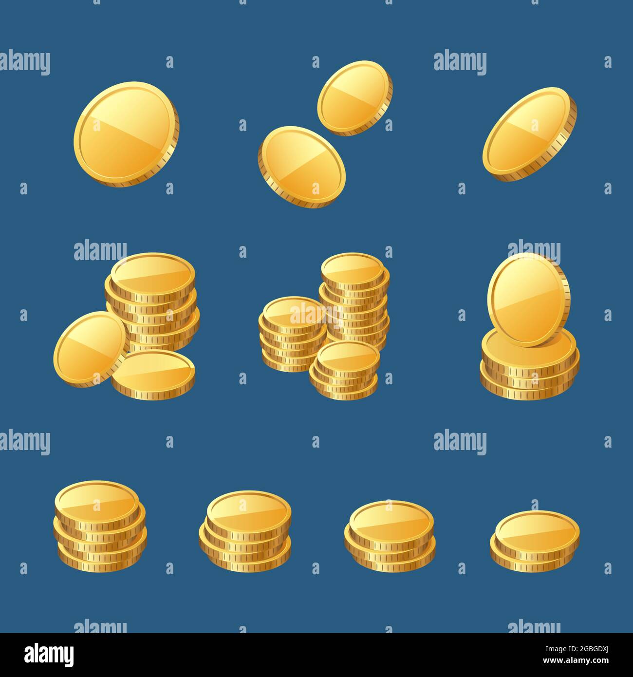 Golden coins, gold or cash money 3d icons set Stock Vector