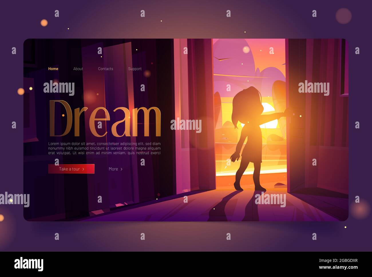Dream banner with girl open door at sunset Stock Vector