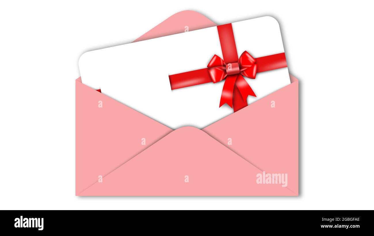 Blank White Gift Card With Red Ribbon Bow In Pink Envelope Isolated On  White Background With Shadow Minimal Concept - 3D Illustration Stock Photo  - Alamy