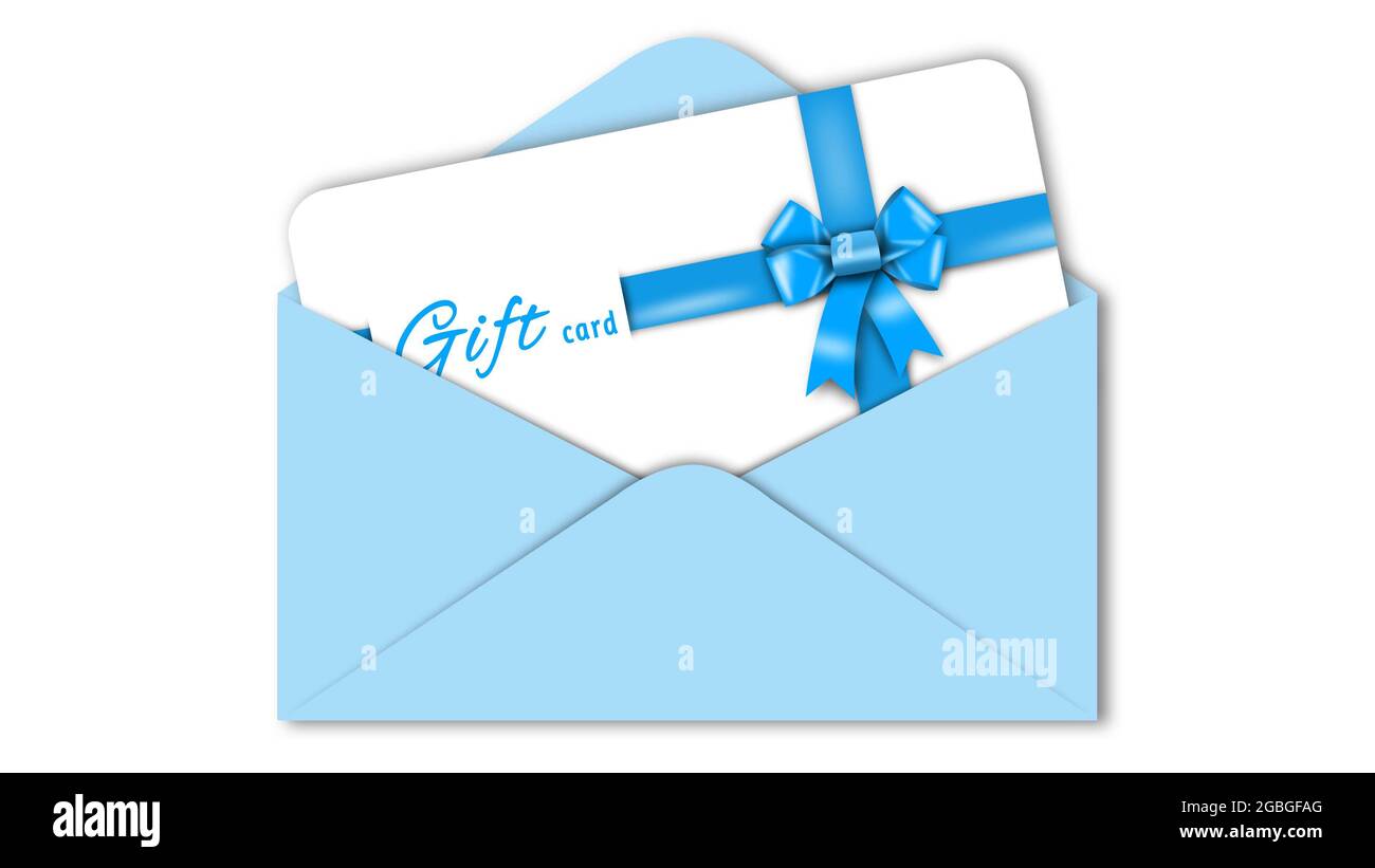 Gift card with blue ribbon bow in blue envelope isolated on white ...