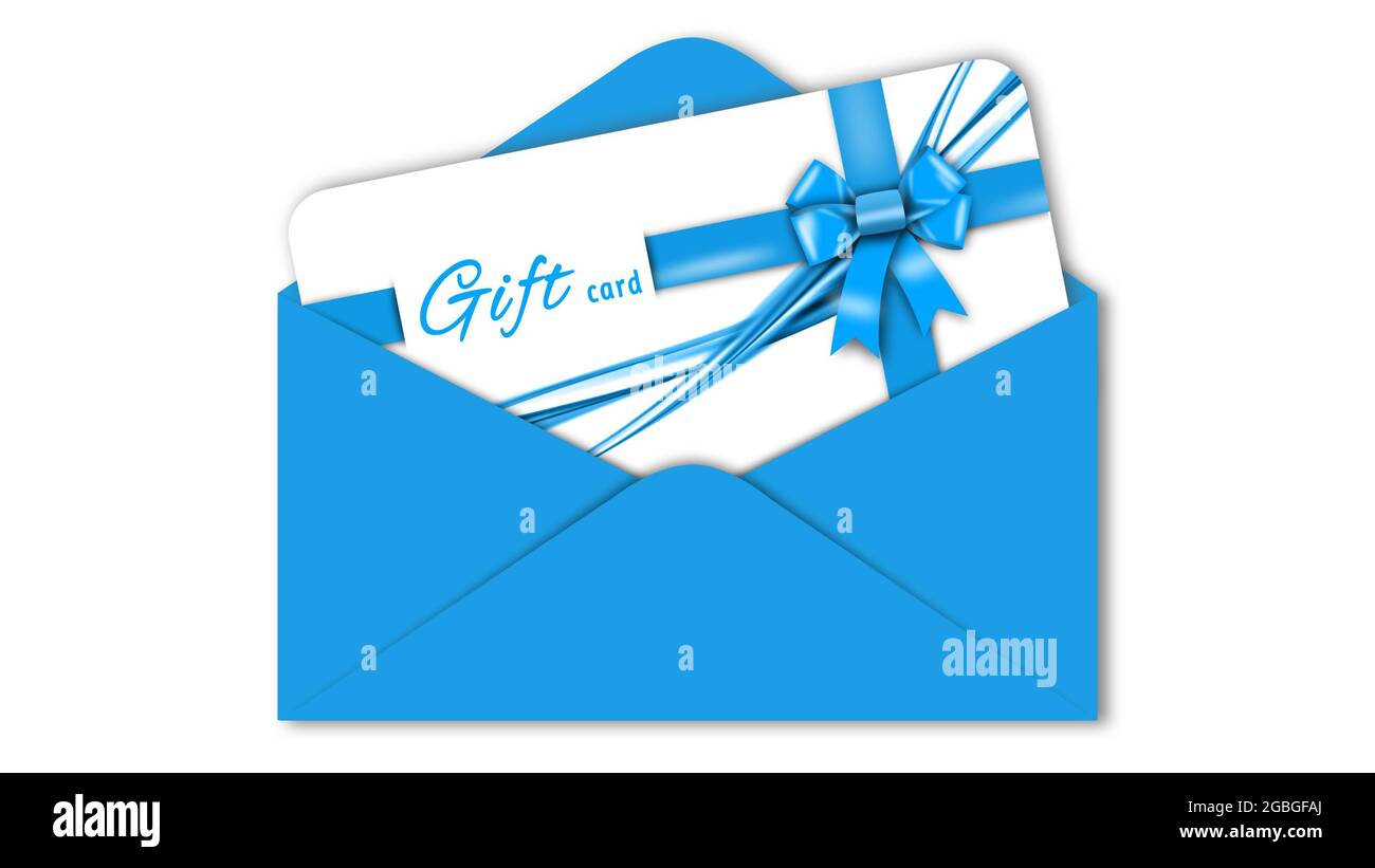 Gift card with blue ribbon bow in blue envelope isolated on white ...