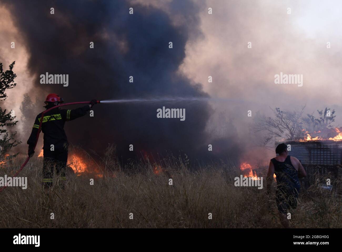 Athens, Greece. 03rd Aug, 2021. Forces of the Fire Brigade and of Municipalities tries to quench the fire that started shortly after 1 in the afternoon and spread within a few hours in North Attica. (Photo by Dimitrios Karvountzis/Pacific Press/Sipa USA) Credit: Sipa USA/Alamy Live News Stock Photo