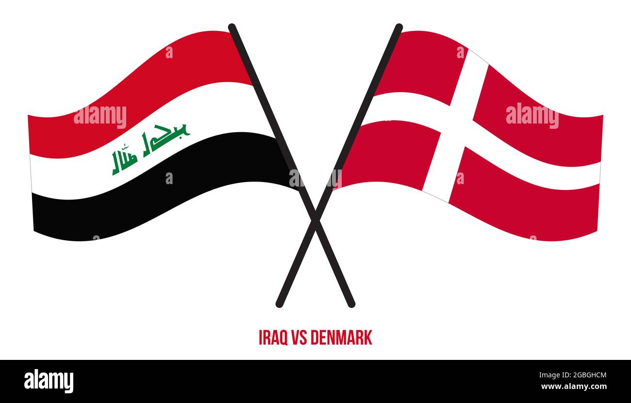 Iraq and Denmark Flags Crossed And Waving Flat Style. Official Proportion. Correct Colors. Stock Photo
