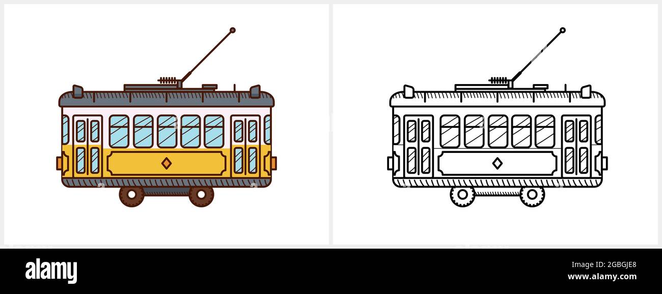 Tram coloring page for kids. Tram side view Stock Vector