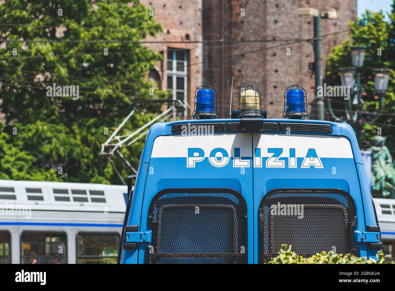 Armored Italian police truck or car in the square during a demonstration Stock Photo