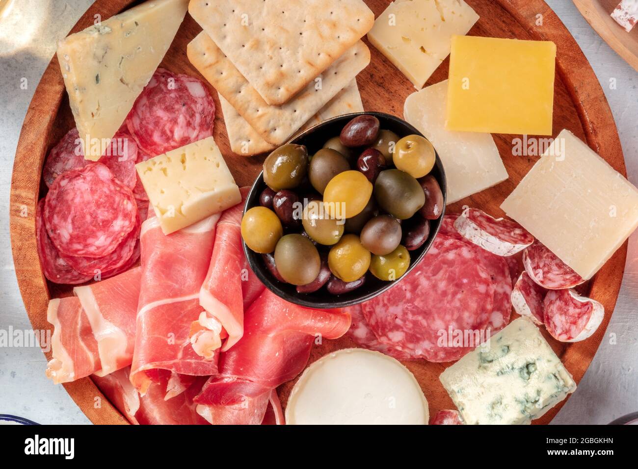 Charcuterie and cheese board closeup. Italian antipasti platter with