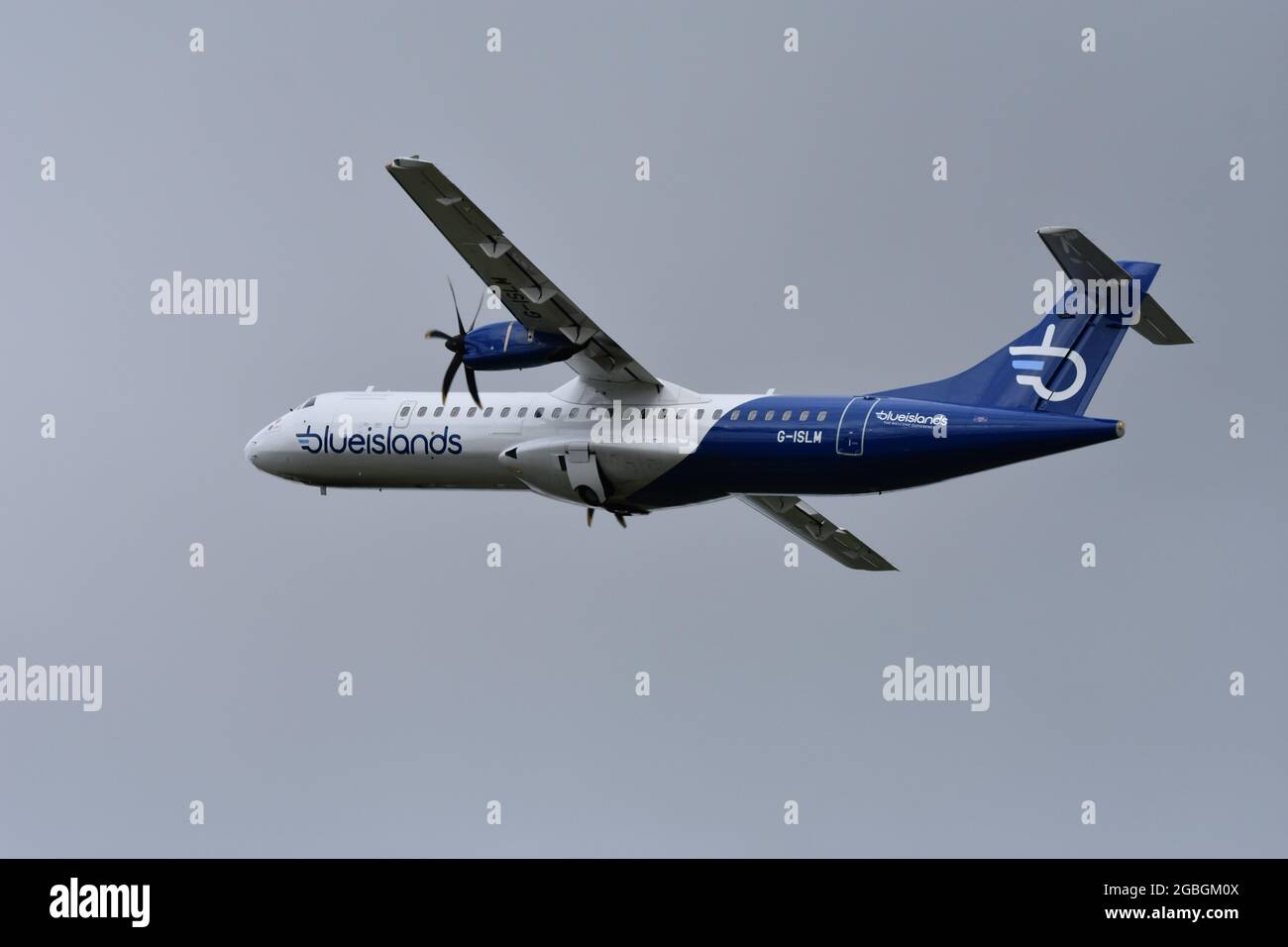 A Blue Islands Regional airline in the sky above Bristol Airport, England, UK Stock Photo
