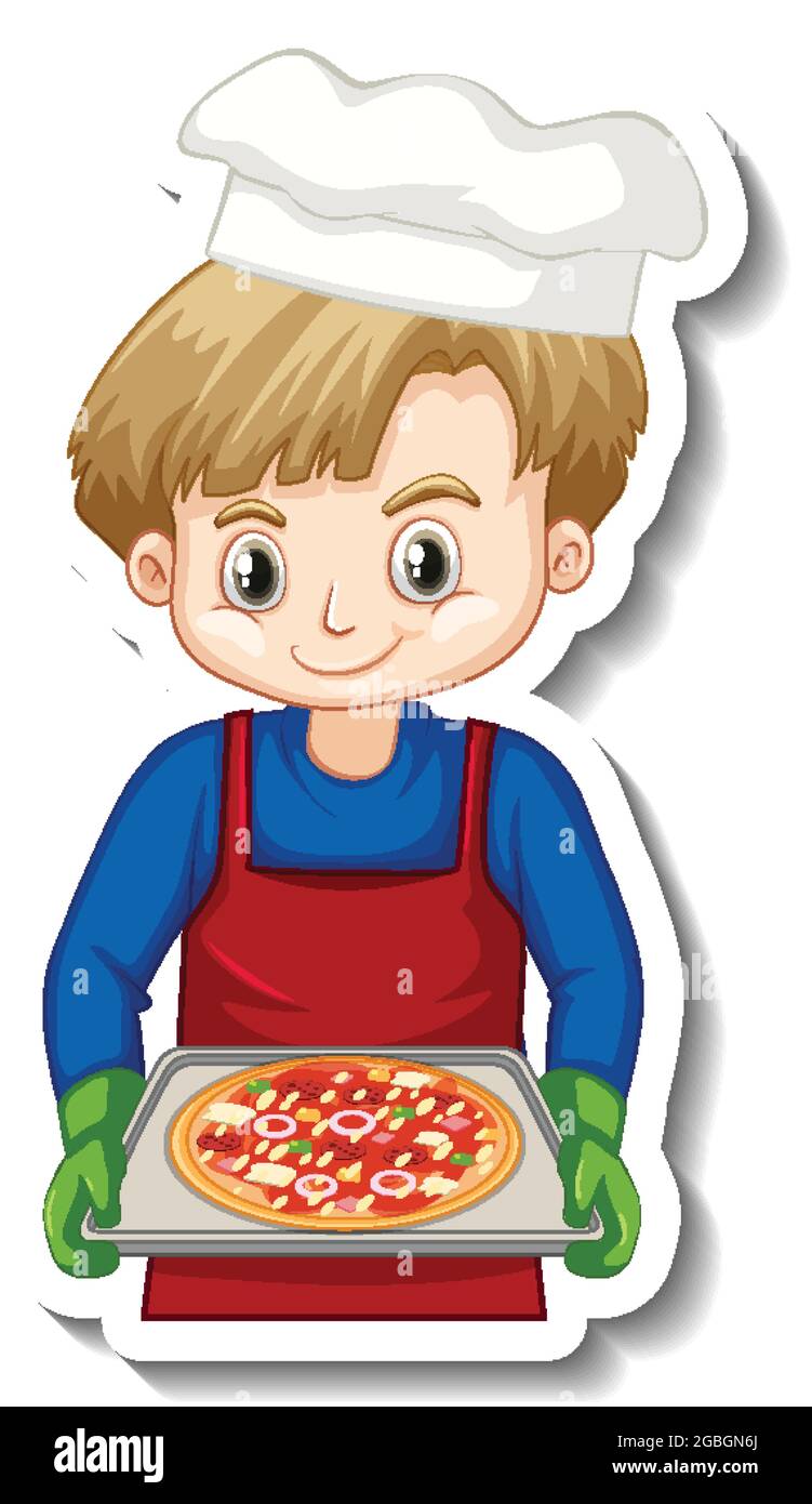 Sticker design with chef boy holding pizza tray illustration Stock ...
