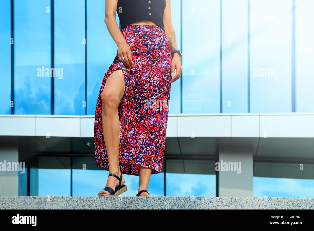 Woman Wearing Skirt and Blue Flip Flops Stock Photo - Image of