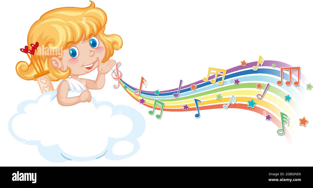 Cupid girl on the cloud with melody symbols on rainbow illustration ...