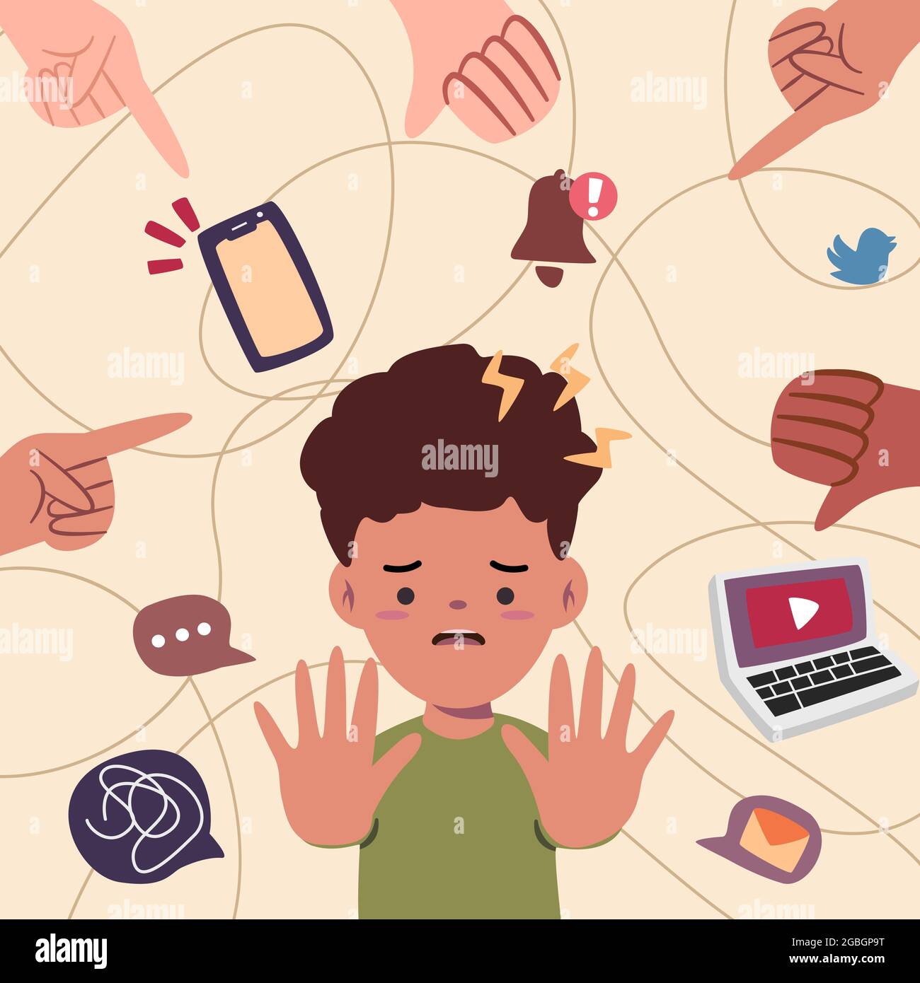 kid using social media likes handphone too much having great possibility to get cyber harrasment bullying vector illustration Stock Vector