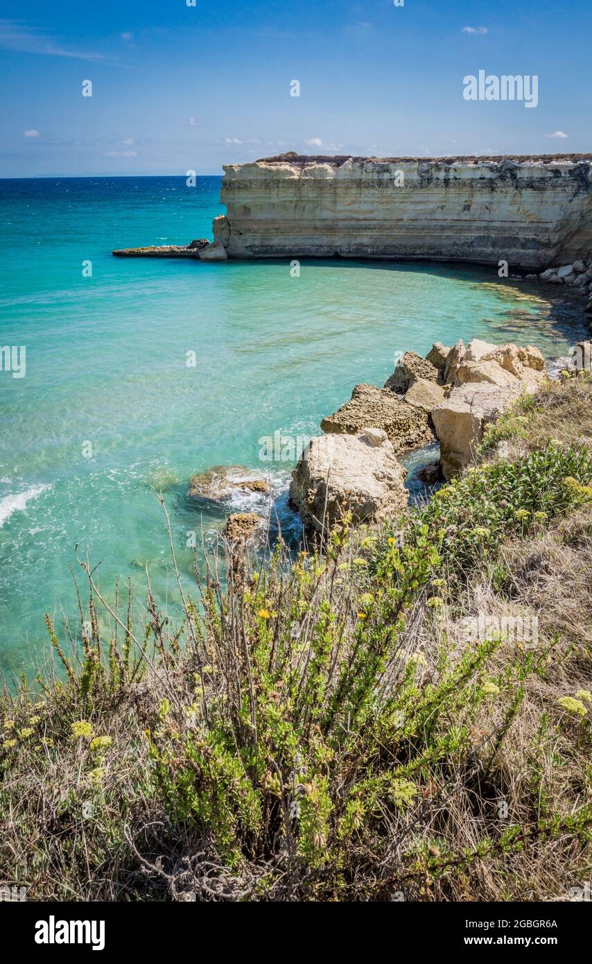 The Punticeddha Beach or Spiaggia Punticeddha of Sant'Andrea, Salento  Adriatic sea coast, Apulia, Italy. Beautiful