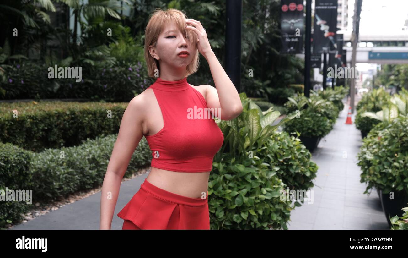 Young Lady Asian Japanese Model Wearing a Red Dress in Tropical Bangkok ...