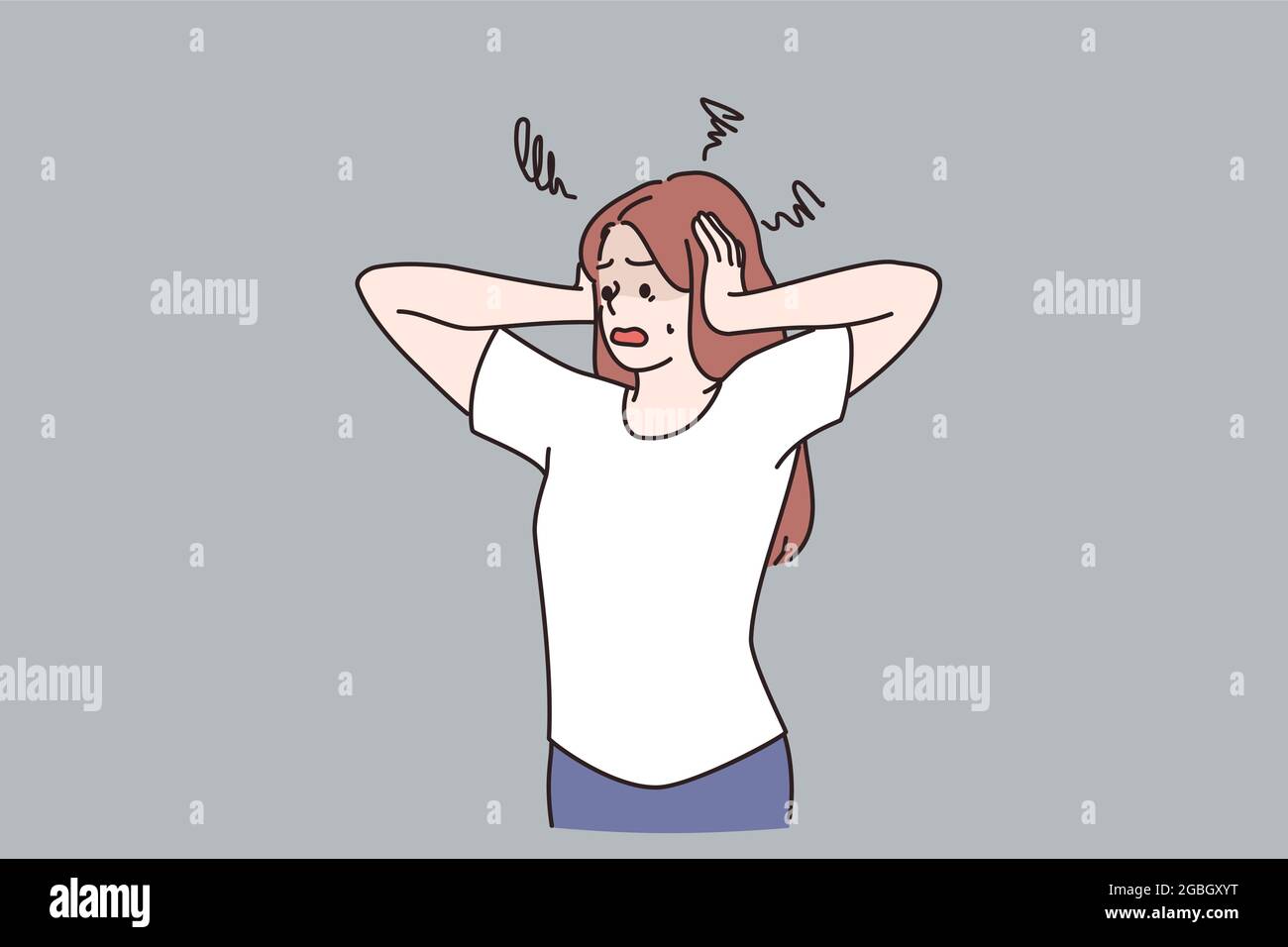 Anxiety Panic And Stress Concept Young Anxious Female Cartoon Character Standing Touching Head 
