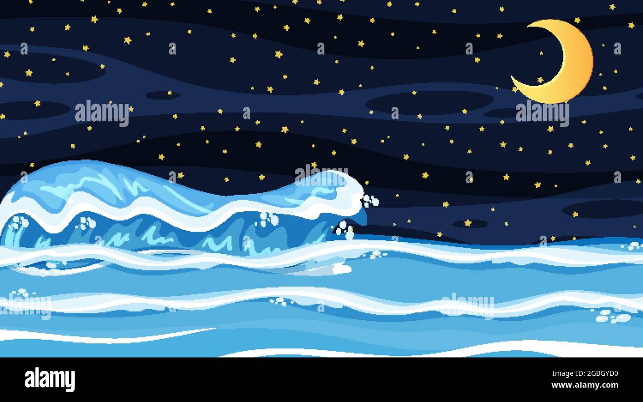 Beach landscape at night scene with ocean wave illustration Stock ...