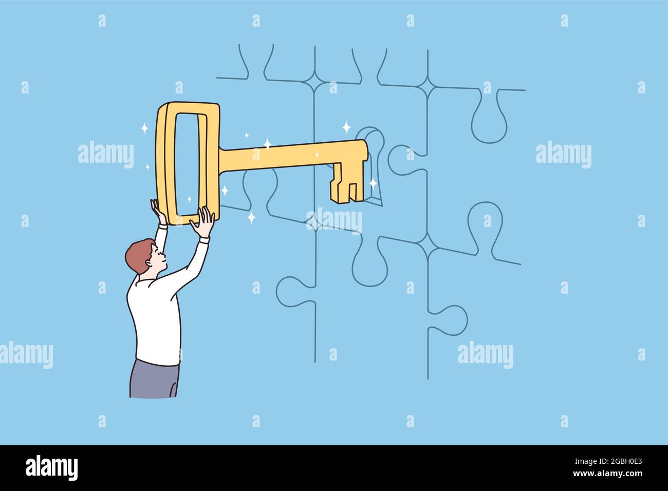 Business key, solution and success concept. Young businessman standing