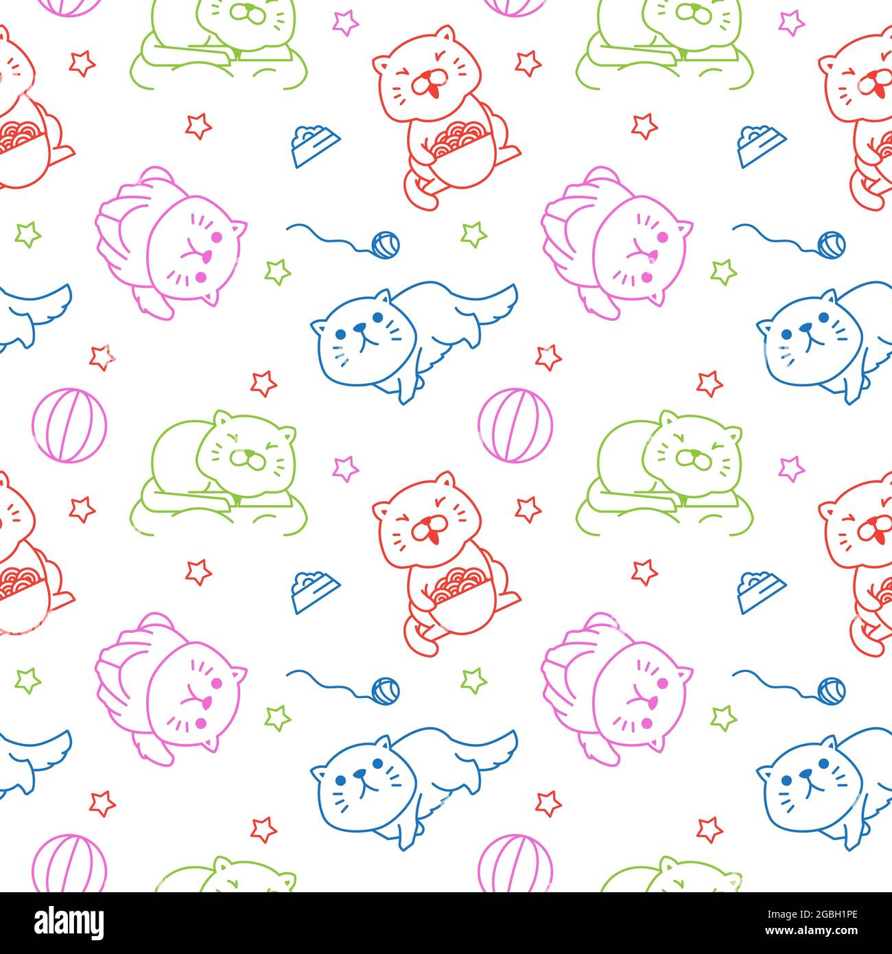 Fun Fat Cat Playing Eating Seamless Pattern Texture Background Wrapping Stock Vector
