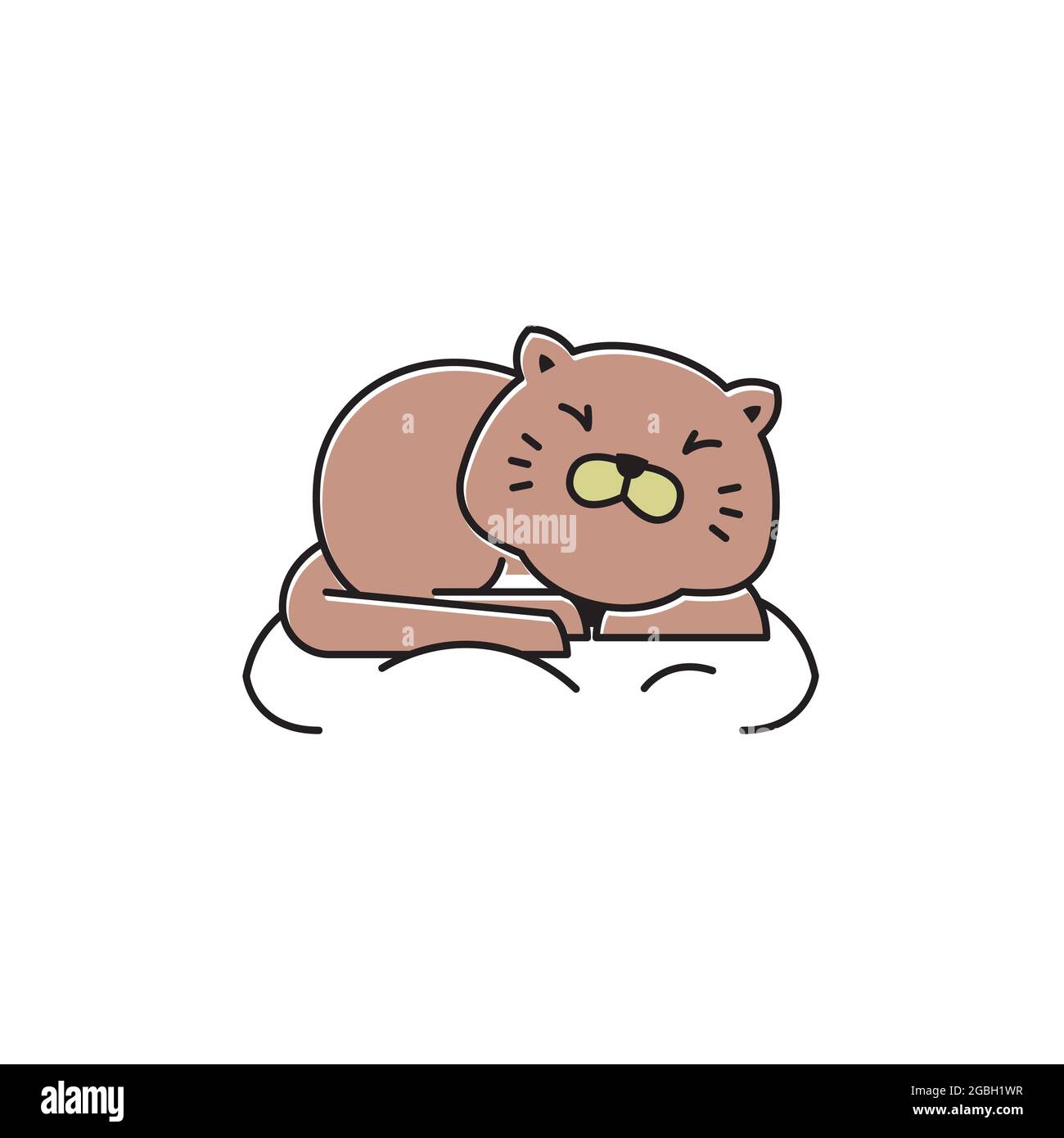 Fat Cat Happy Sit Sleeping on Pillow Flat Cartoon Mascot Illustration Stock Vector