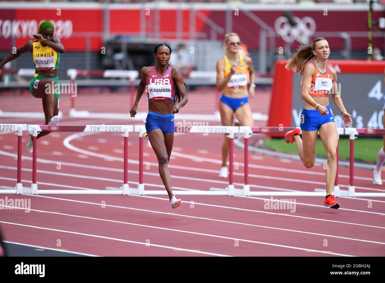 Tokyo, Japan, 04/08/2021, Tokyo, Japan. 4th Aug, 2021. MUHAMMAD Dalilah (USA) and BOL Femke (NED) Athletics : Women's 400m Hurdles Final during the Tokyo 2020 Olympic Games at the Olympic Stadium in Tokyo, Japan . Credit: Naoki Nishimura/AFLO SPORT/Alamy Live News Stock Photo