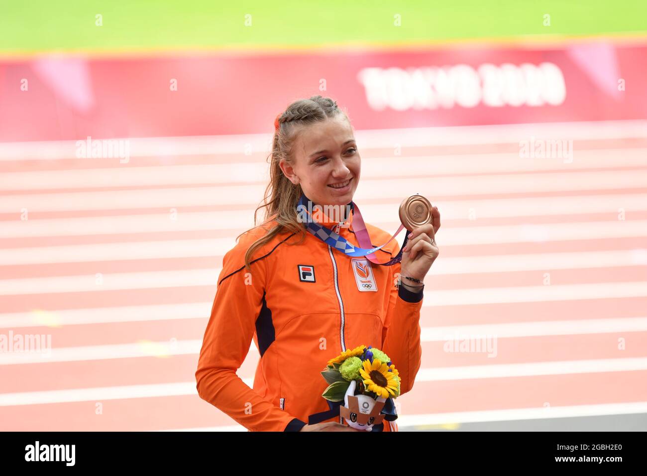 Tokyo, Japan, 04/08/2021, Tokyo, Japan. 4th Aug, 2021. BOL Femke (NED), BRONZE Medal Athletics : Women's 400m Hurdles Victory Celebration during the Tokyo 2020 Olympic Games at the Olympic Stadium in Tokyo, Japan . Credit: Naoki Nishimura/AFLO SPORT/Alamy Live News Stock Photo