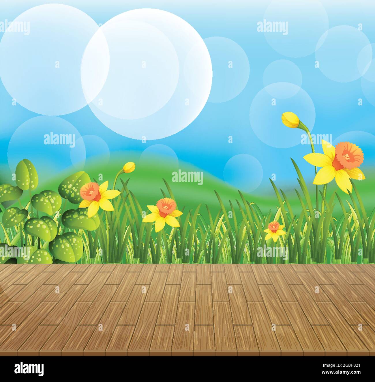 Nature background with flower field and green grass illustration Stock ...