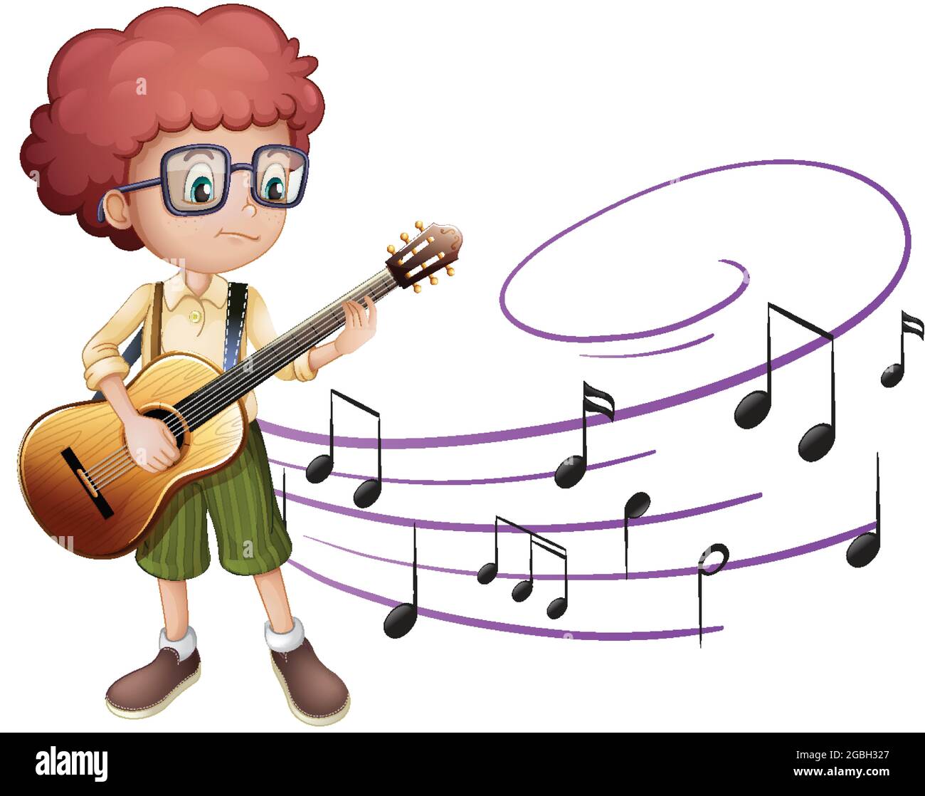 Cartoon character of a boy playing guitar with melody symbols illustration  Stock Vector Image & Art - Alamy