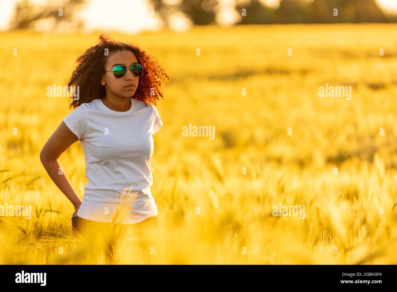 Beautiful mixed race African American female teenager young woman in a field of wheat wearing white t-shirt, sunglasses at sunset Stock Photo