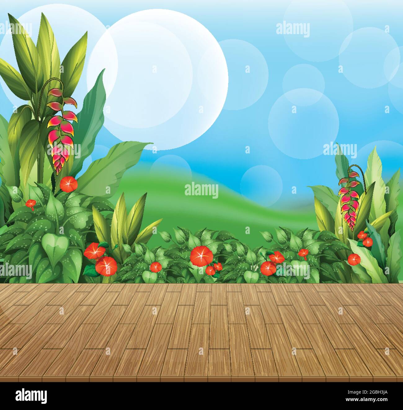 Nature background with flower field and green grass illustration Stock ...