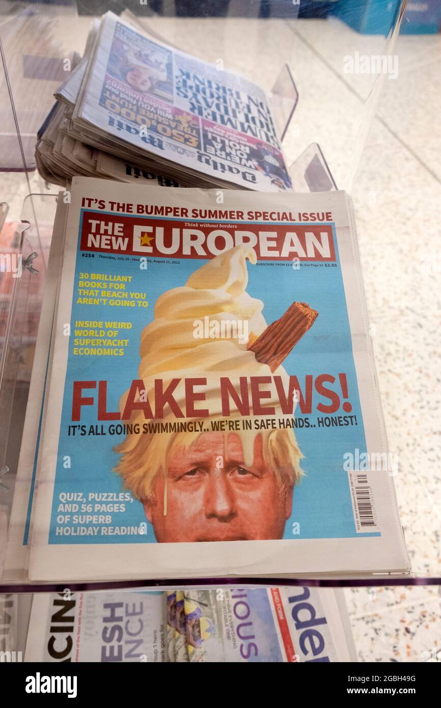The New European newspaper headline 'Flake News' Boris Johnson British PM on front page supermarket newsstand 31 July 2021 London England UK Stock Photo