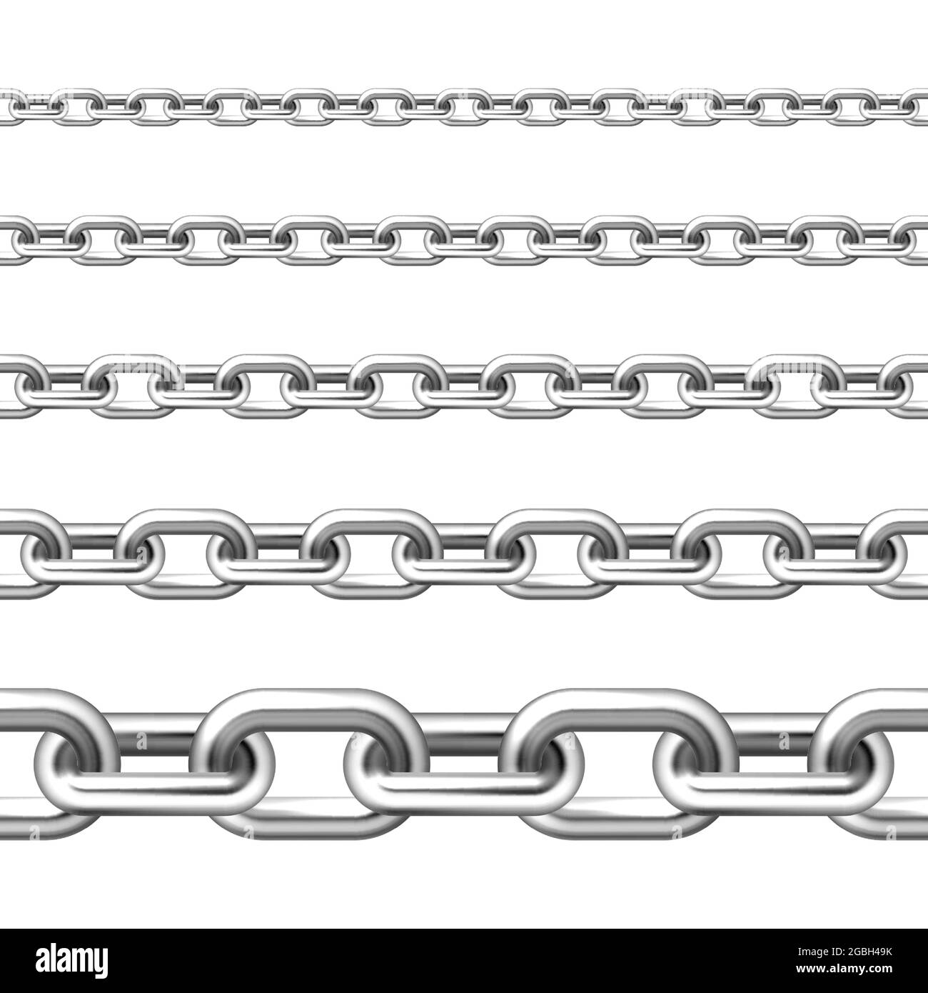 Realistic seamless metal chain with silver links isolated on white