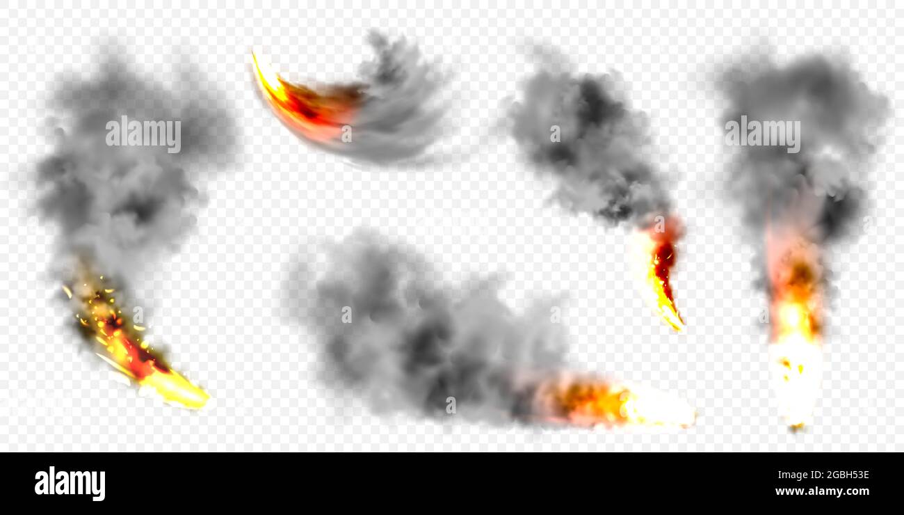 Realistic black smoke clouds and fire. Flame blast, explosion. Stream