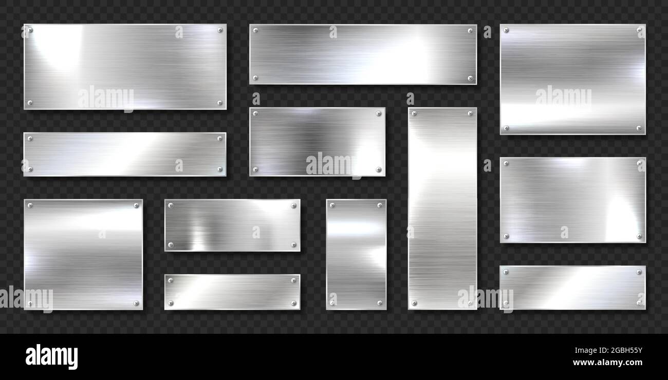 Realistic shiny metal banners set. Brushed steel plate with screws ...