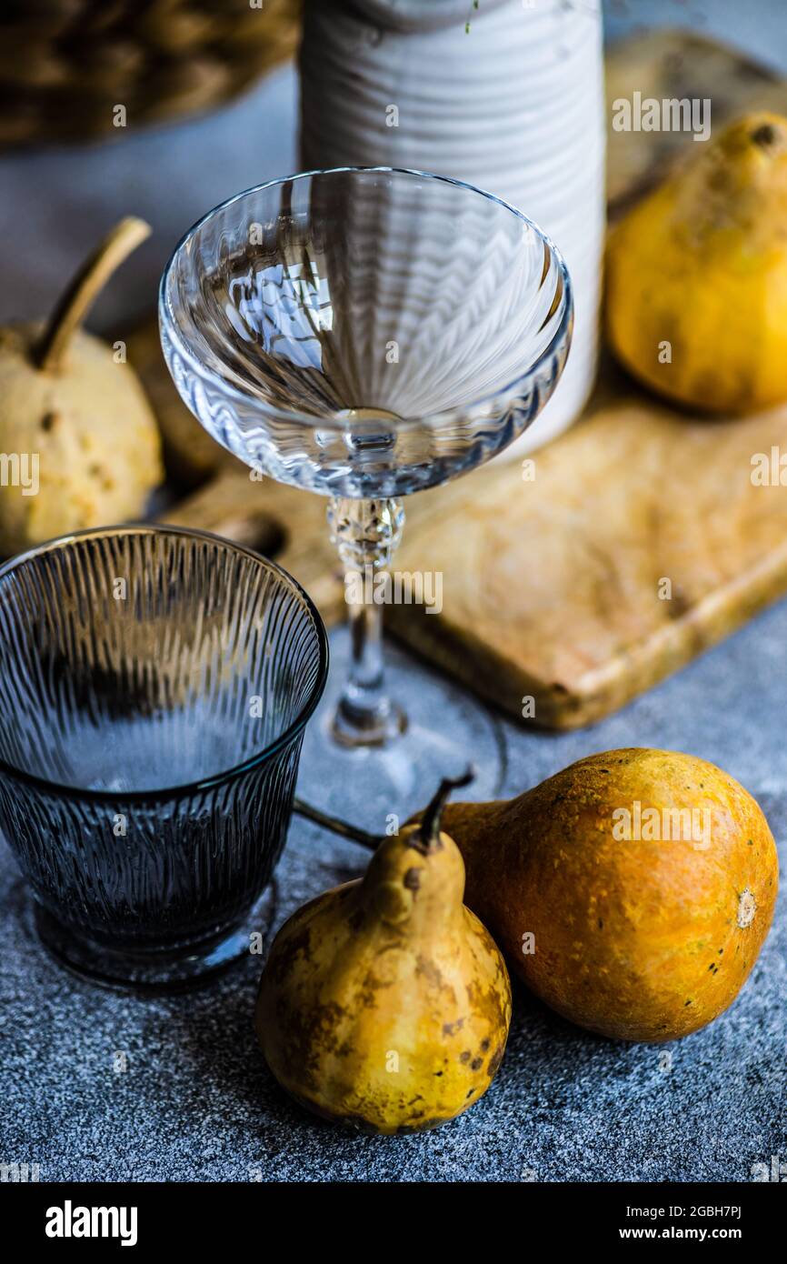 Rustic autumnal table setting with pumpkins for Thanksgiving Stock Photo