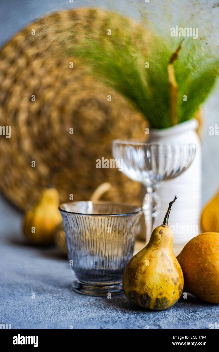 Rustic autumnal table setting with pumpkins for Thanksgiving Stock Photo