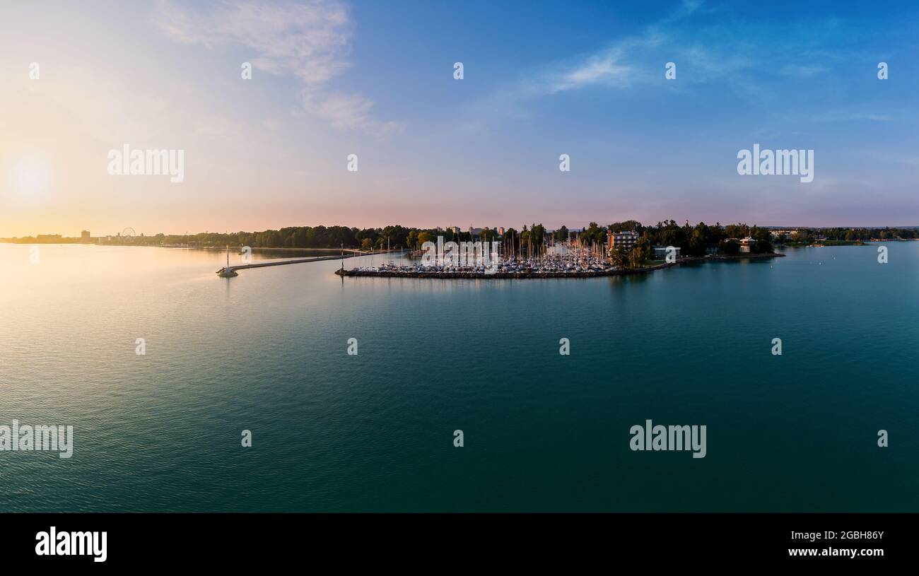 Harbor of Siofok in Hungary. Amazing panoramic ladscape about the lake Balaton with the Siofok harbor. Lake Balaton is the Hungarian sea. Stock Photo