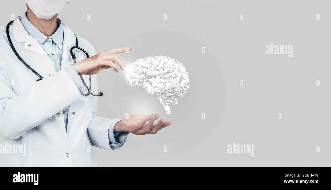 Female doctor holding virtual volumetric drawing of  Brain in hand. Handrawn human organ, copy space on right side, grey hdr color. Healthcare / scien Stock Photo